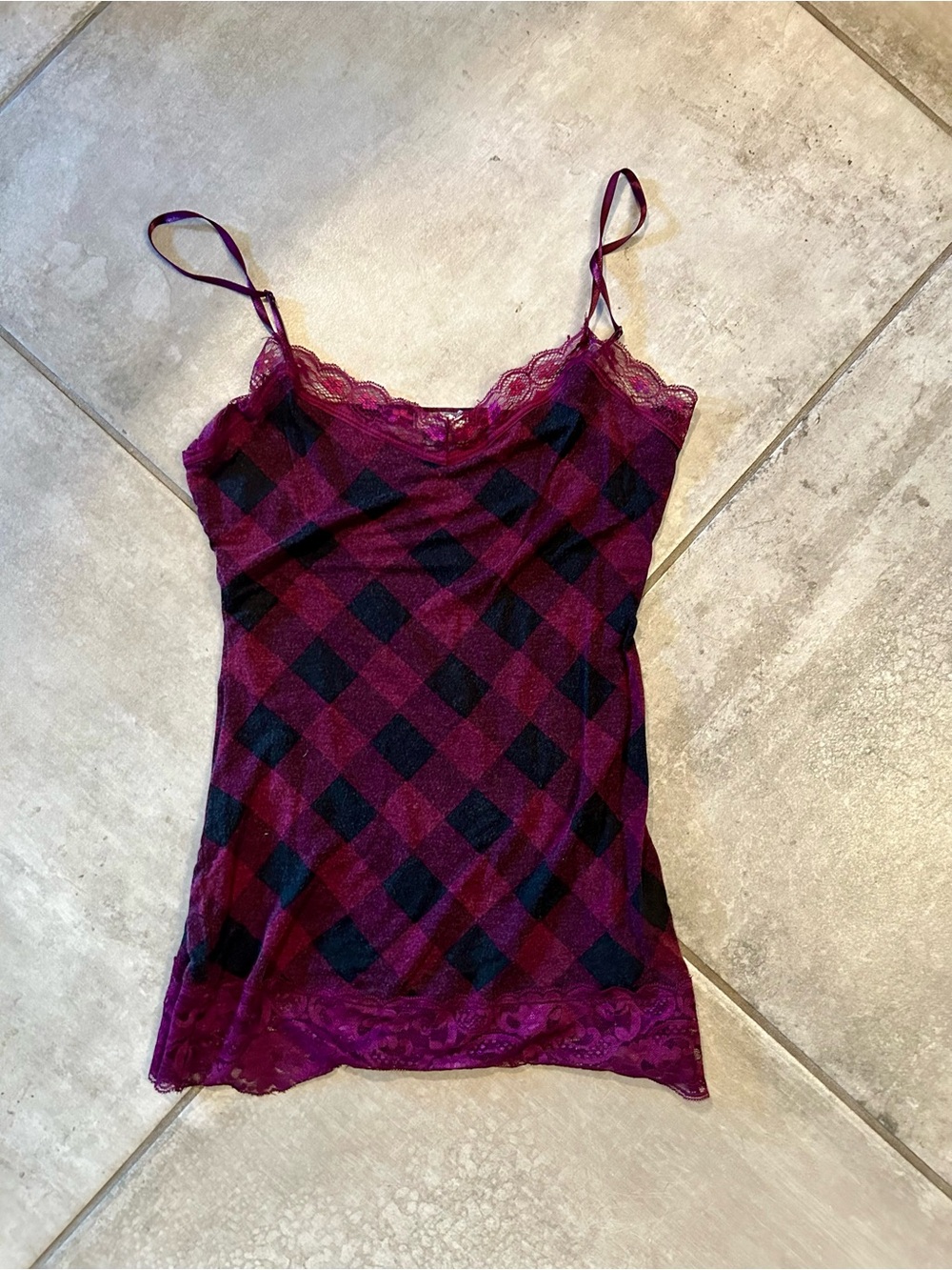 Burgundy Plaid Lace-Trim Cami